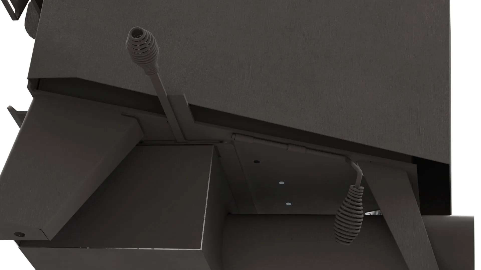 Mini Me stove control handles beneath the pellet hopper