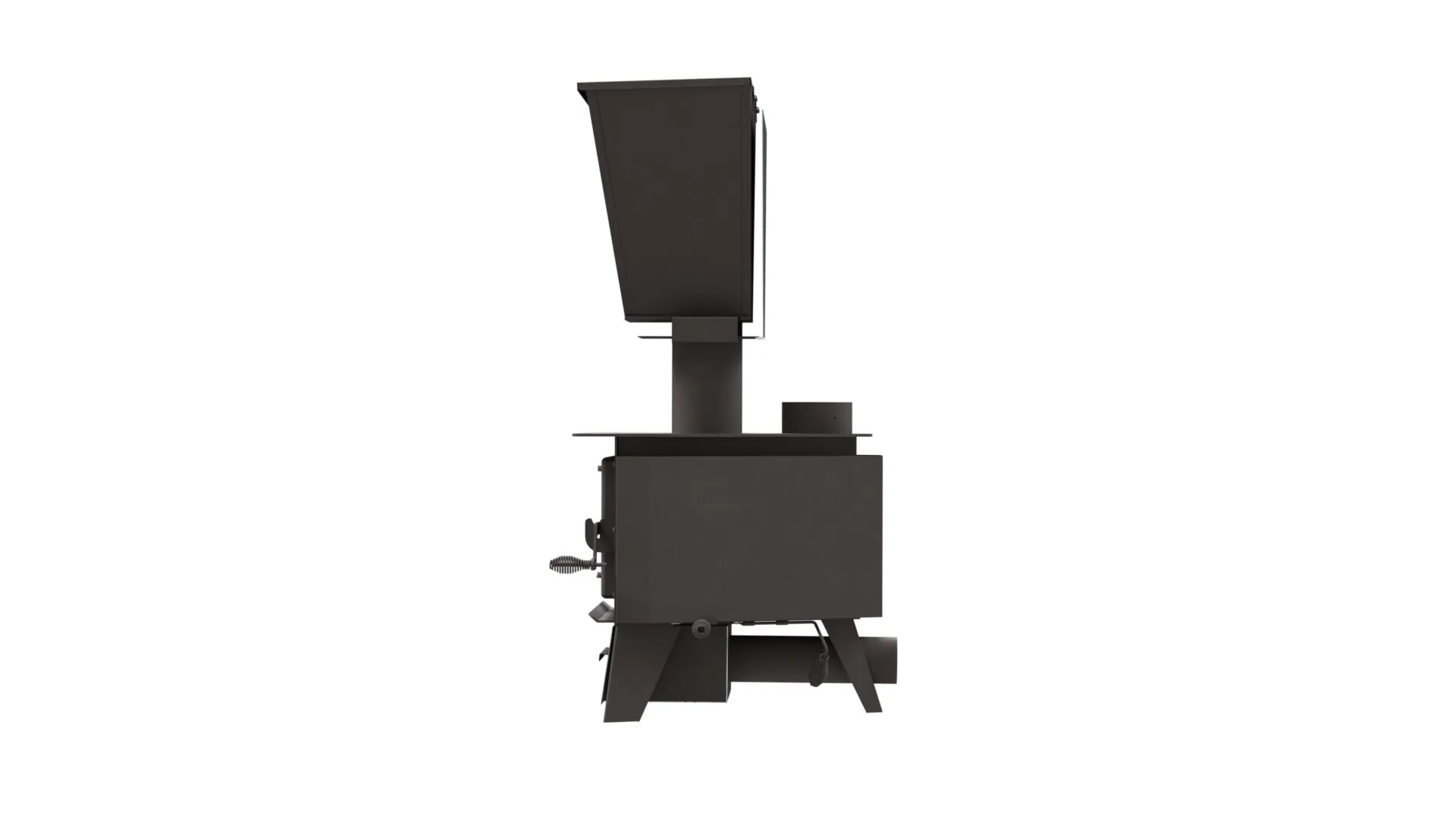 Side view of the Mini Me non-electric pellet stove with pellet hopper