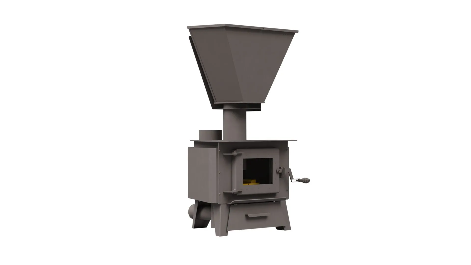 Front view of the Mini Me non-electric pellet stove with pellet hopper