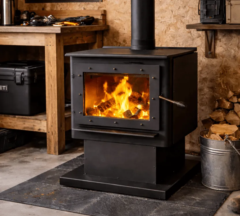wood stove in a shop